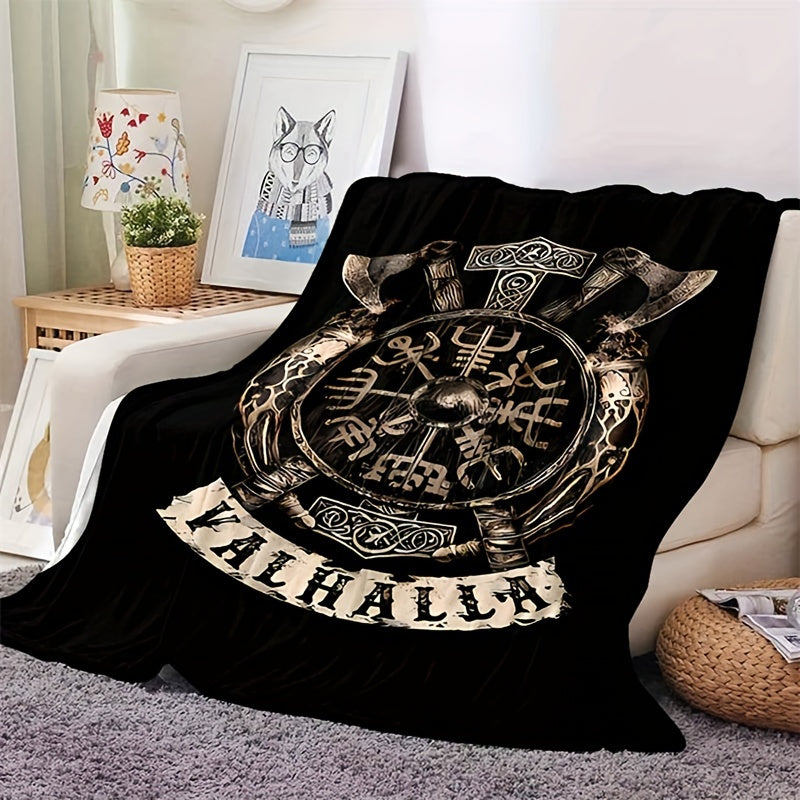 Plush Flanged Blanket with Retro Viking Logo Print for Camping Sofa Bed Couch and Office