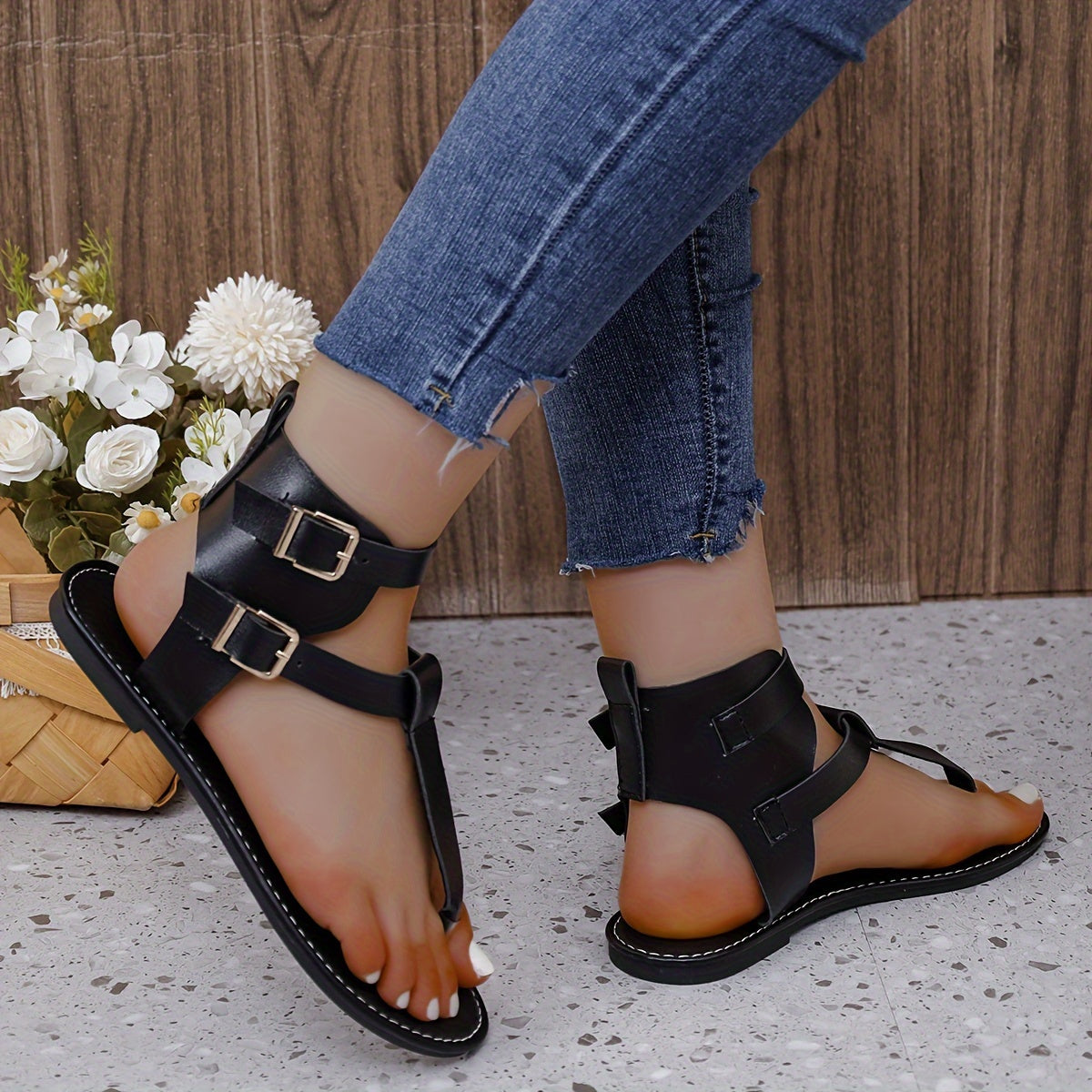 Women's Flat Sandals Open Toe Solid Color Buckle High-Top Summer Flat Heel Man Made Materials