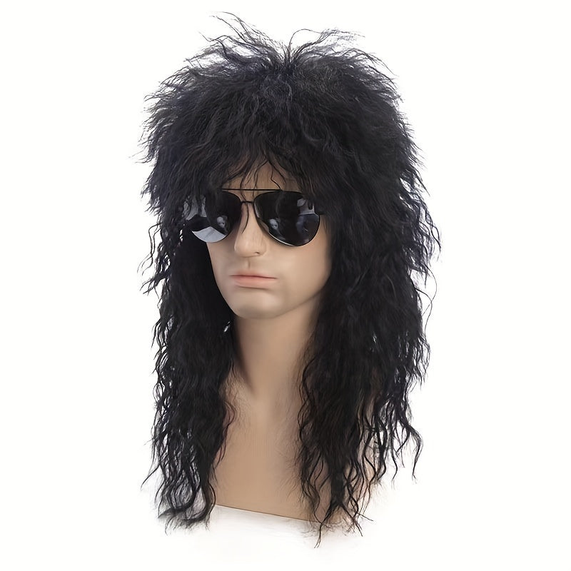 Men's 80s Rocker Wig Black or Blonde Afro with Bangs for Halloween Cosplay Party