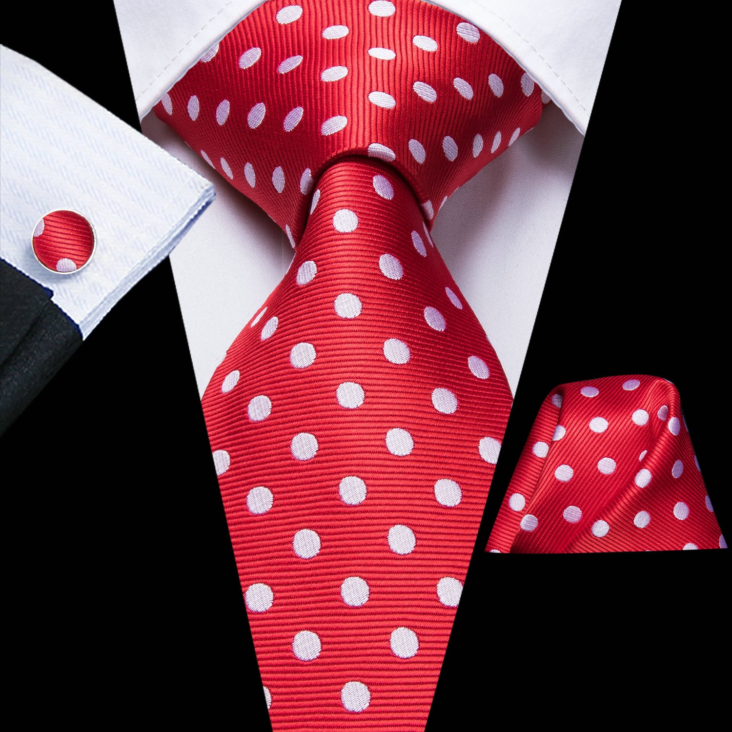 Men's Accessories Set Polka Dot Necktie Pocket Square Cufflinks Gift