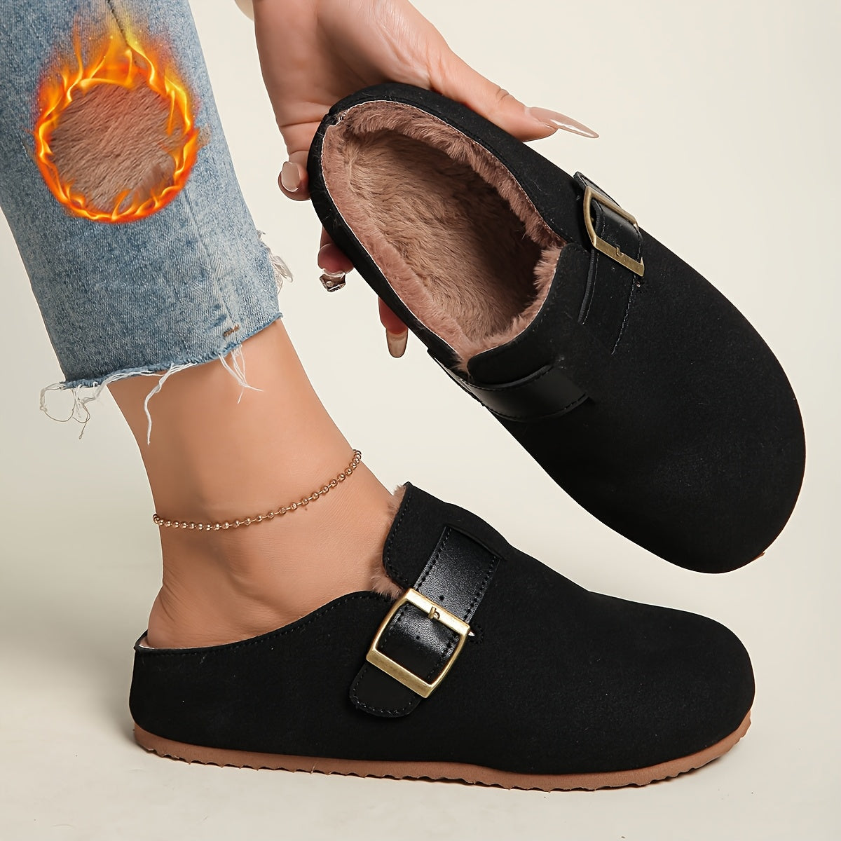 Women Mule Shoes Flat Fleece Slip-On Casual Comfortable