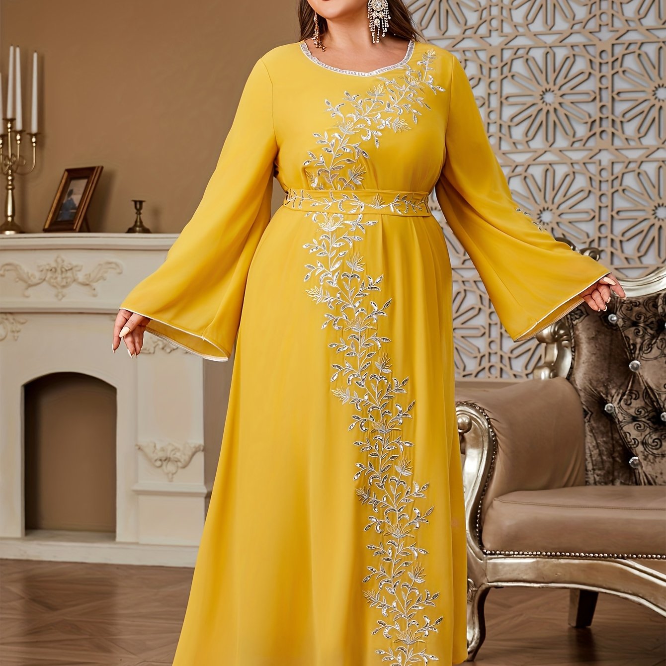 Plus Size Embroidered Kaftan Dress Navy Blue Golden Floral Formal Evening Gown