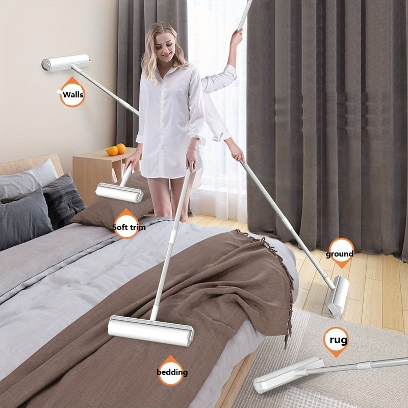 Ergonomik foydalanish uchun mo'ljallangan uzun tutqichli uy hayvonlari sochlarini olib tashlash rolik, oson tozalash uchun yirtiladigan yopishqoq varaqalar bilan. Quvvat talab qilmasdan, divanlar va gilamlar ustidan changni olib tashlash uchun mukammal.