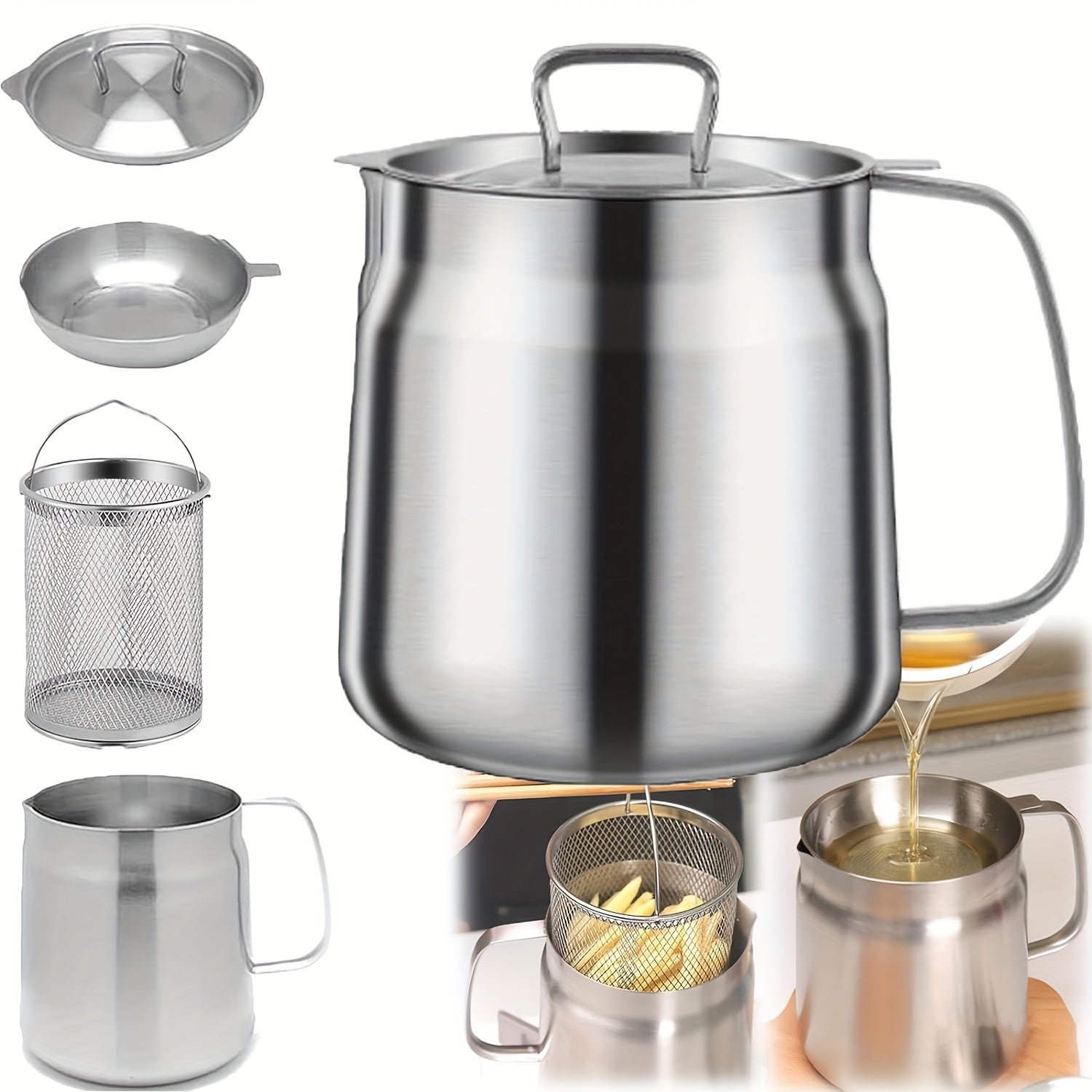 Stainless Steel Oil Filter Pot with Mesh Strainer, Large Capacity, Kitchen Tool