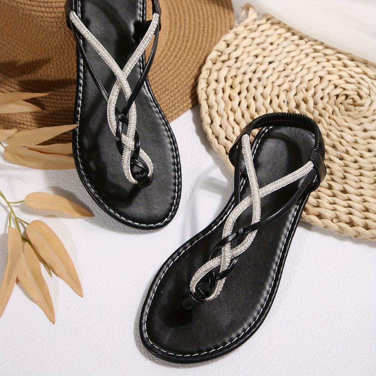 Women’s Bohemian Flat Sandals with Crisscross Straps Sparkling Accents