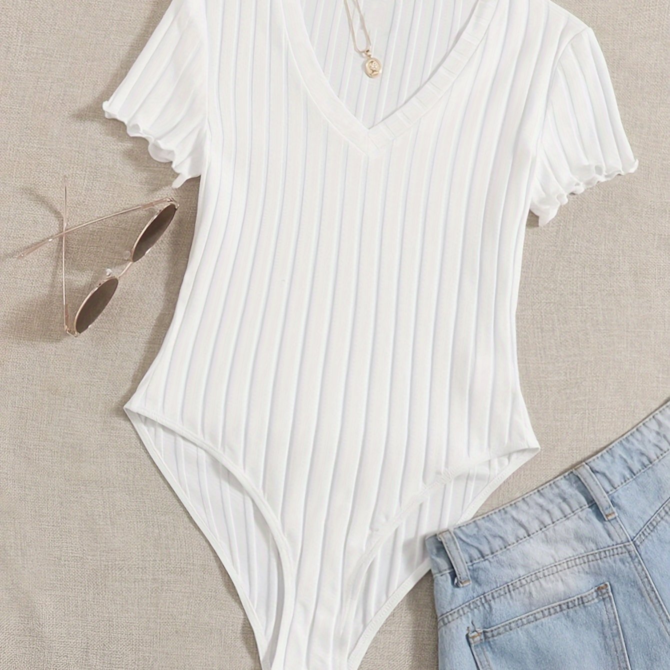 Conjunto elegante de manga corta y cuello en V de color sólido para mujer