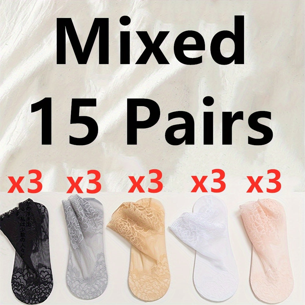 Women's Invisible Socks 5 Pairs Geometric Lace Floral Trim Polyester Spandex