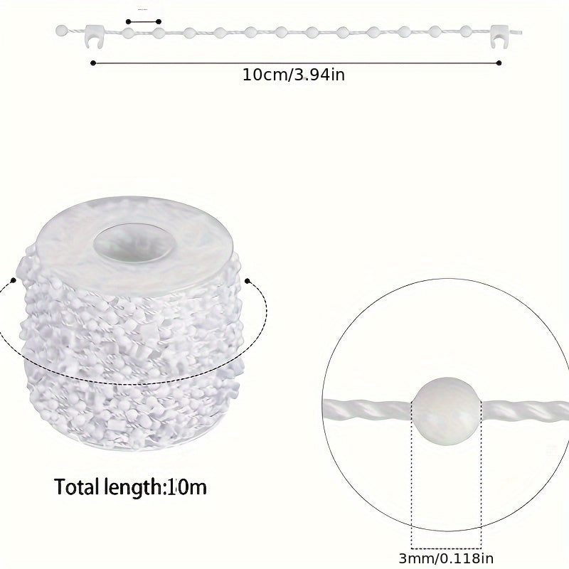 10-Meter White Beaded Chain for Vertical and Roller Blinds Replacement Accessory