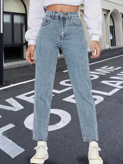 Women's Straight Non-Stretch Washed Denim Jeans with Slant Pockets