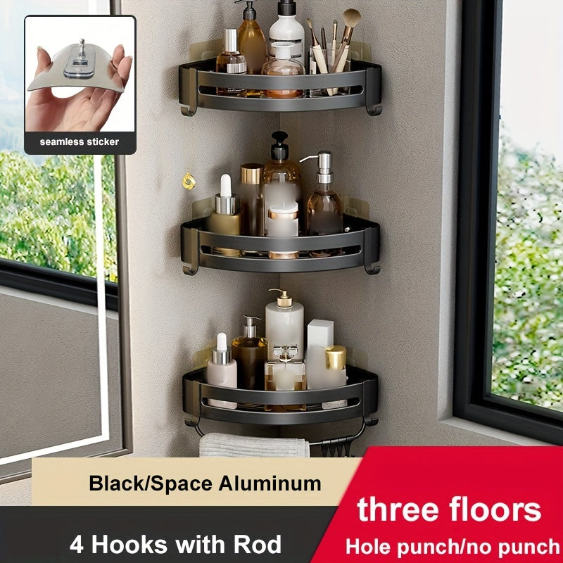 Wall-Mounted Bathroom Storage Rack Aluminum No-Drill Shower Shelf for Shampoo and Cosmetics