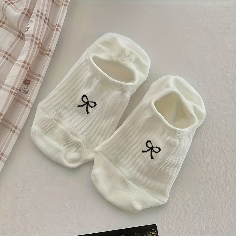 Women's Low Cut Boat Socks 5 Pairs with Bow Print Invisible Socks Polyester Spandex