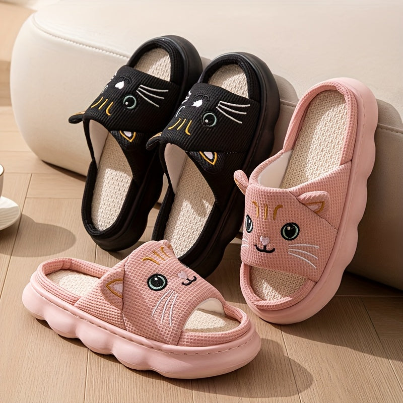 Women's Open-Toe Slippers Comfortable Cartoon Kittens Non-Slip Indoor Shoes