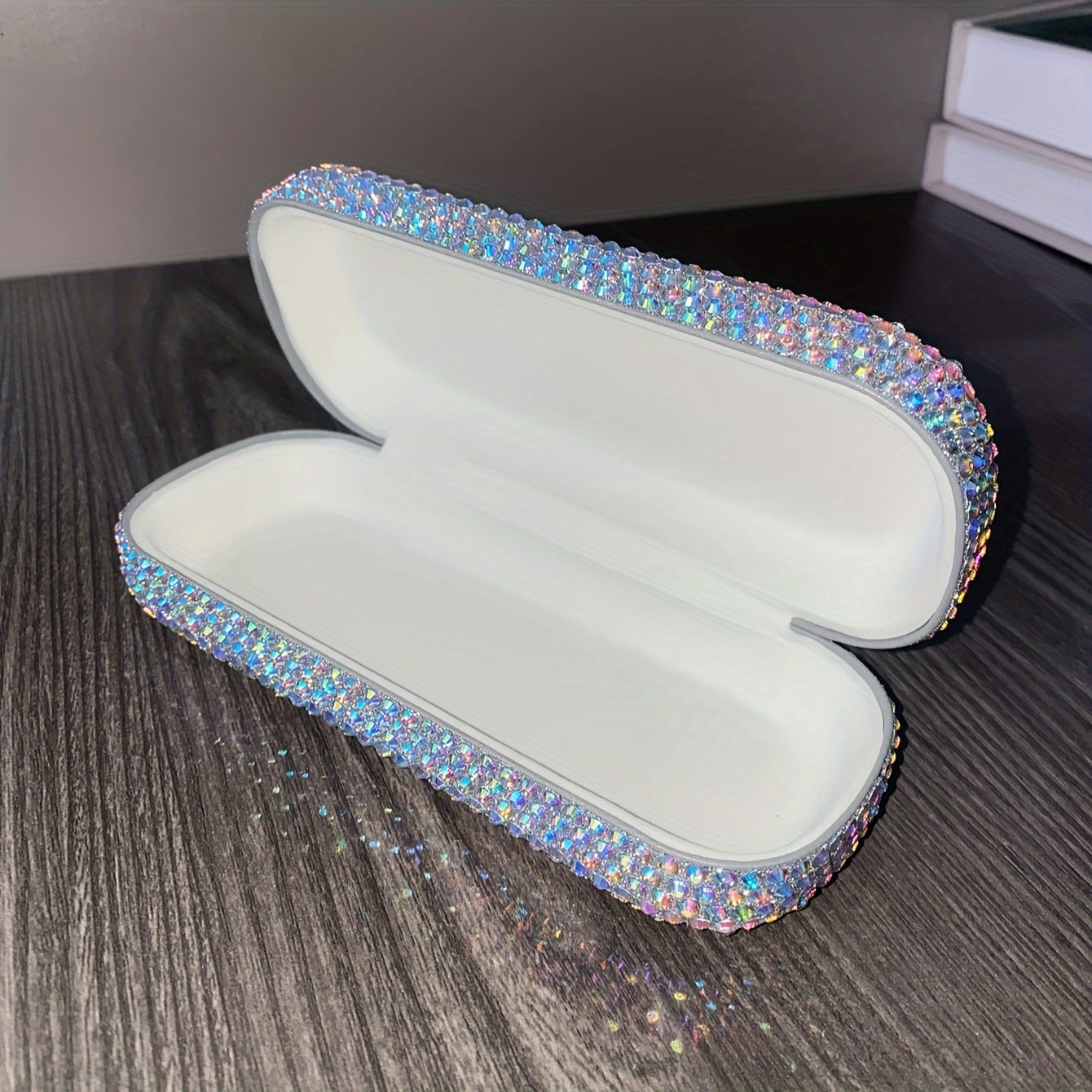 Faux Leather Eyewear Case with Sparkling Diamond Detailing and Square Design for Women