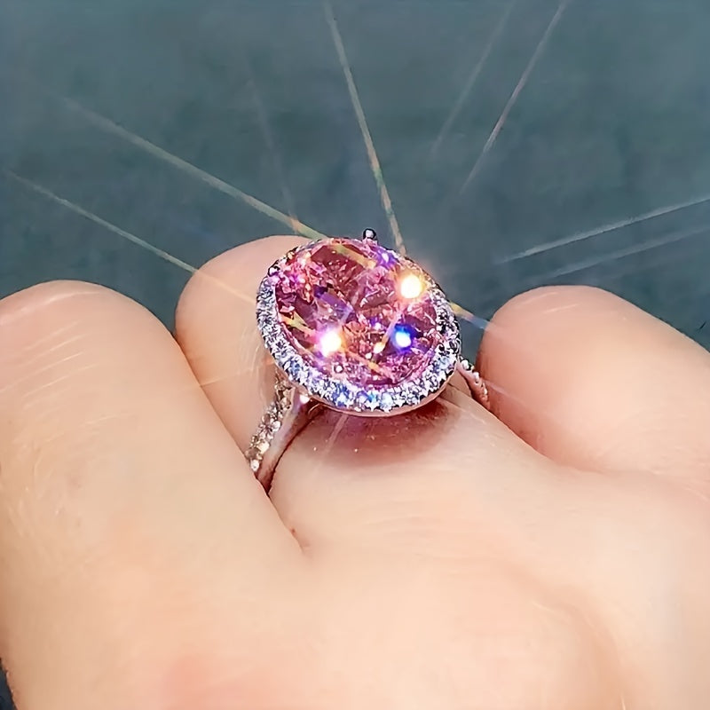 Promise Ring Sterling Silver Egg-Shaped Pink Zirconia Bridal Jewelry for Evening Parties