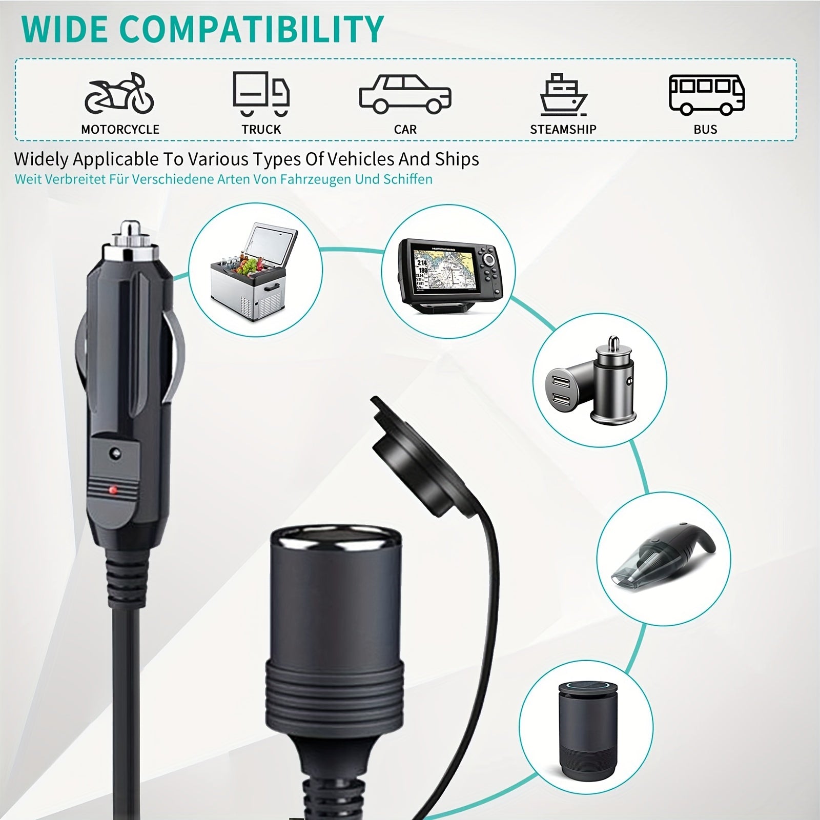 Heavy Duty Car Power Extension Cord 45.72-350.52cm 12V 24V with LED Fuse