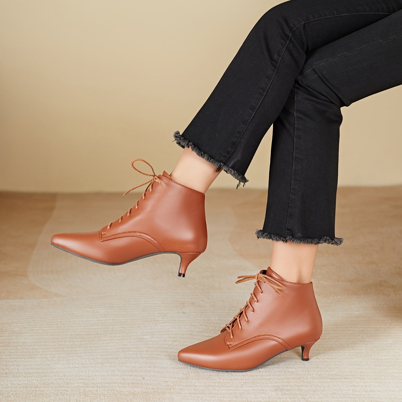 Women's White Pointed Toe Mid-Heel Ankle Boots Lace-Up Faux Cover Rubber Sole