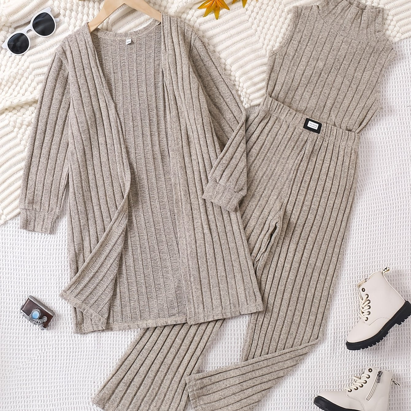 Девочкиный вязаный кардиган с длинными рукавами, топ и штаны для весны и осени, повседневный уличный стиль