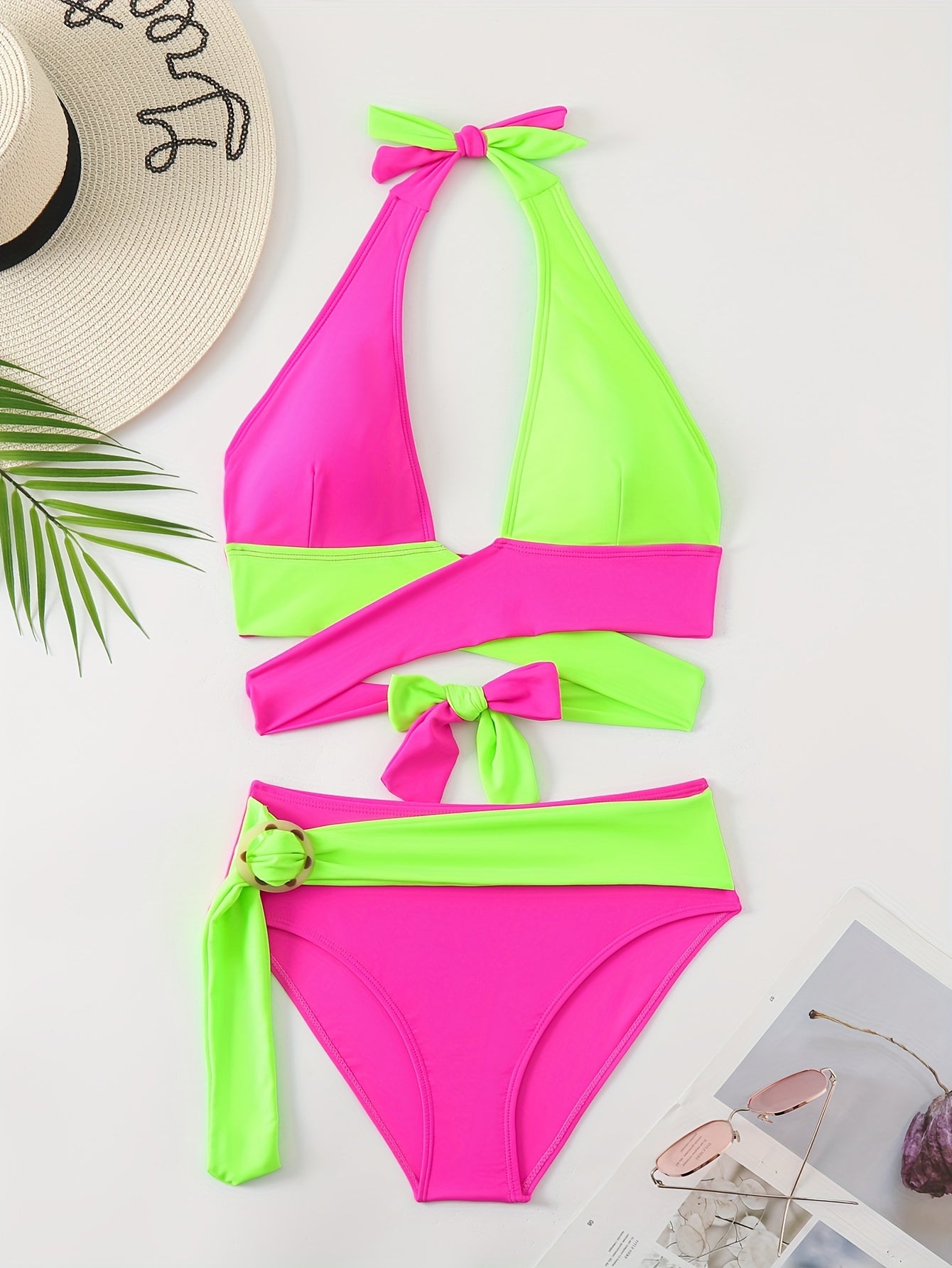 Women's High-Waisted Bikini Set with Halter Neck and Ring Detail in Green and Yellow
