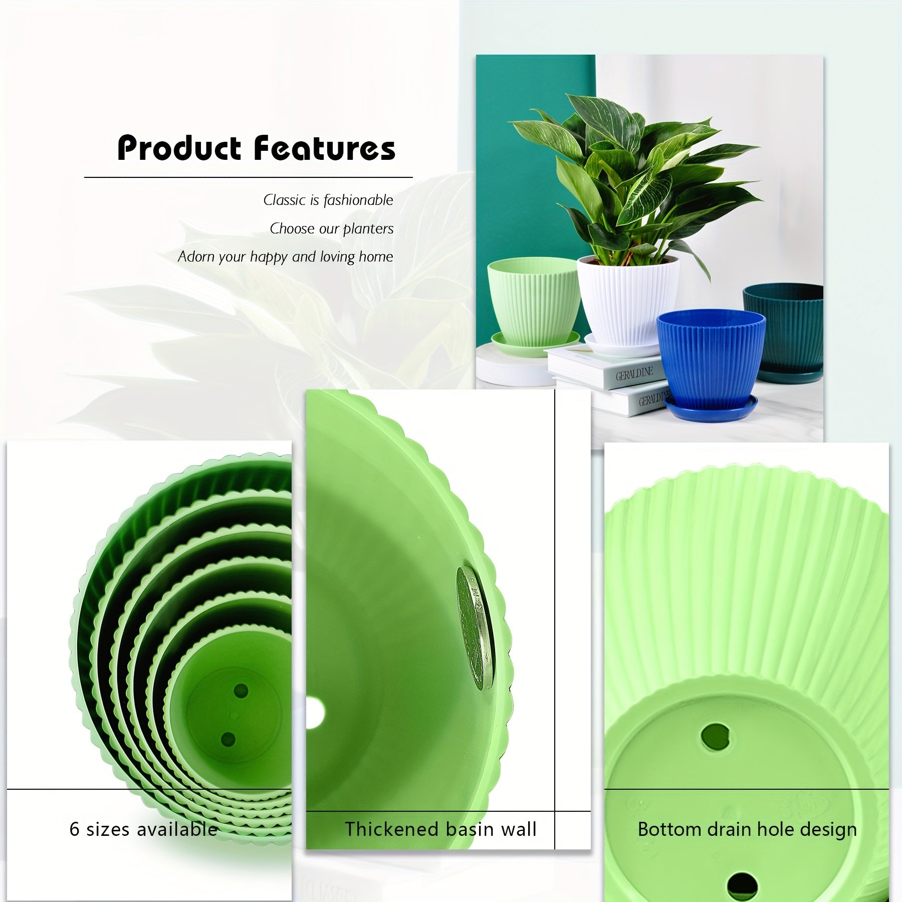 6 Pack Plastic Flower Pots with Saucers, 6 Sizes Indoor Outdoor Planters