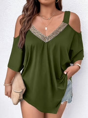 Plus Size Cold Shoulder V Neck T-Shirt Asymmetrical Hem Spring Summer Women
