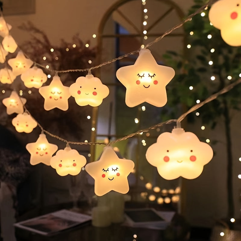 Luces de cadena con formas de nubes y estrellas, alimentadas por batería, decoración para interiores