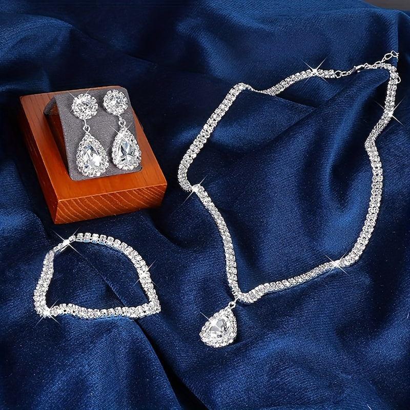 Elegant Silver Jewelry Set with Earrings Necklace Bracelet Rhinestones for Evening and Wedding