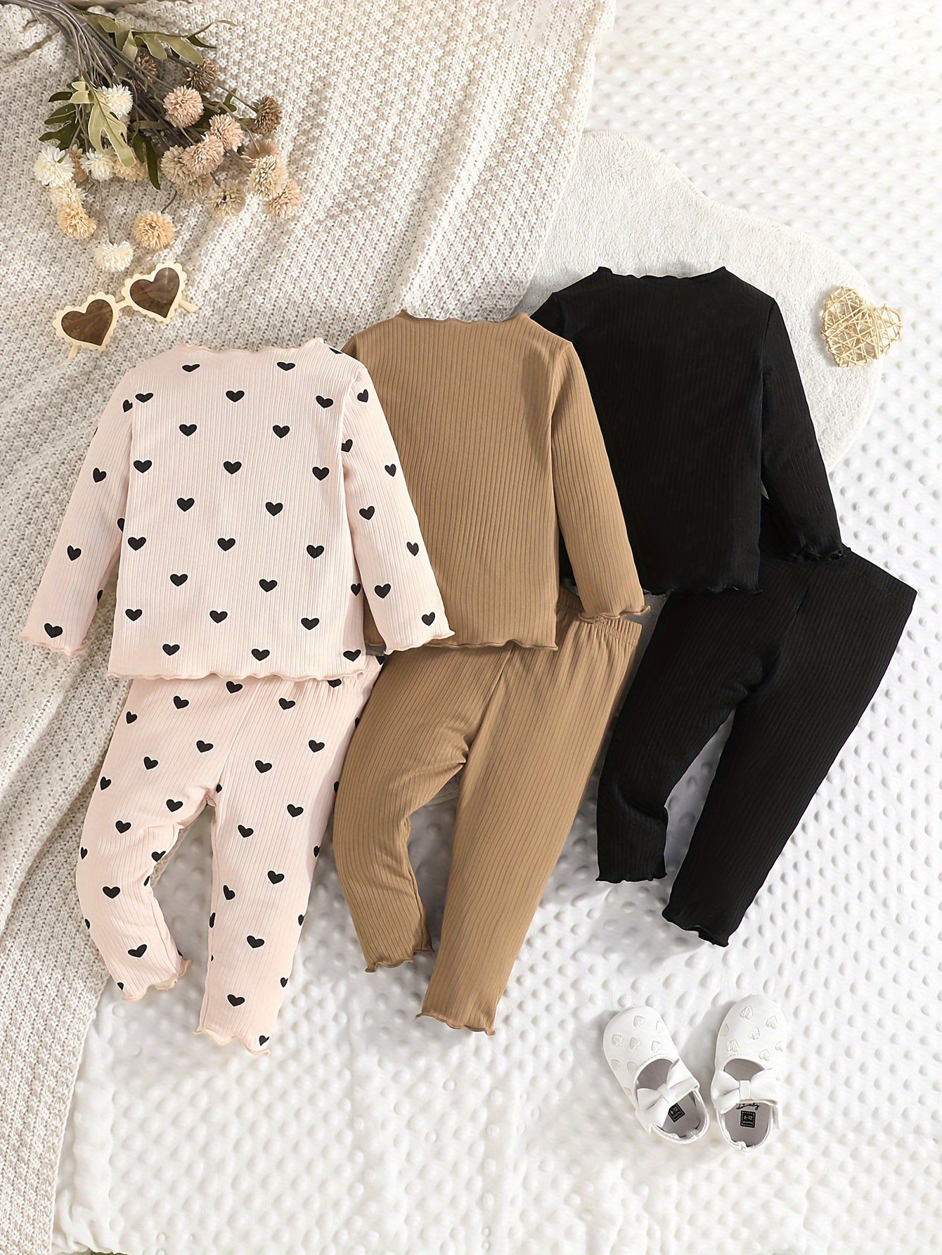Girls' 3-Piece Long Sleeve Outfit Set with Heart Pattern Brown Black Polyester All-Season