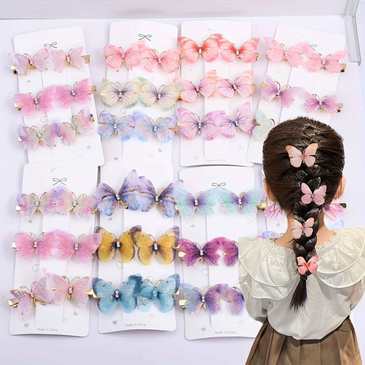Kids Butterfly Hair Clips Set with Rhinestones Gradient Colors for Girls