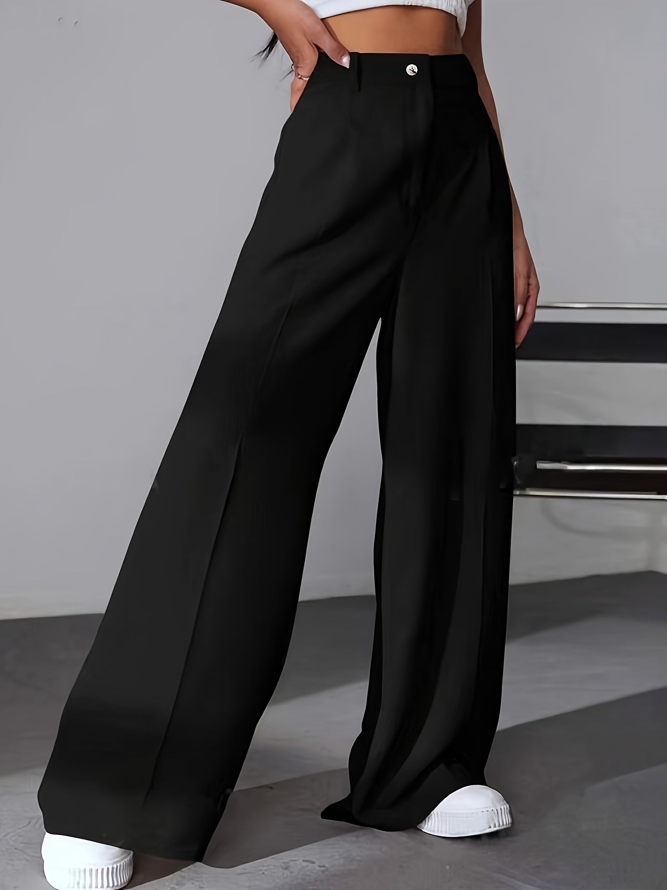 Women's High-Waisted Wide Leg Pants Solid Color Office Wear Polyester Elegant