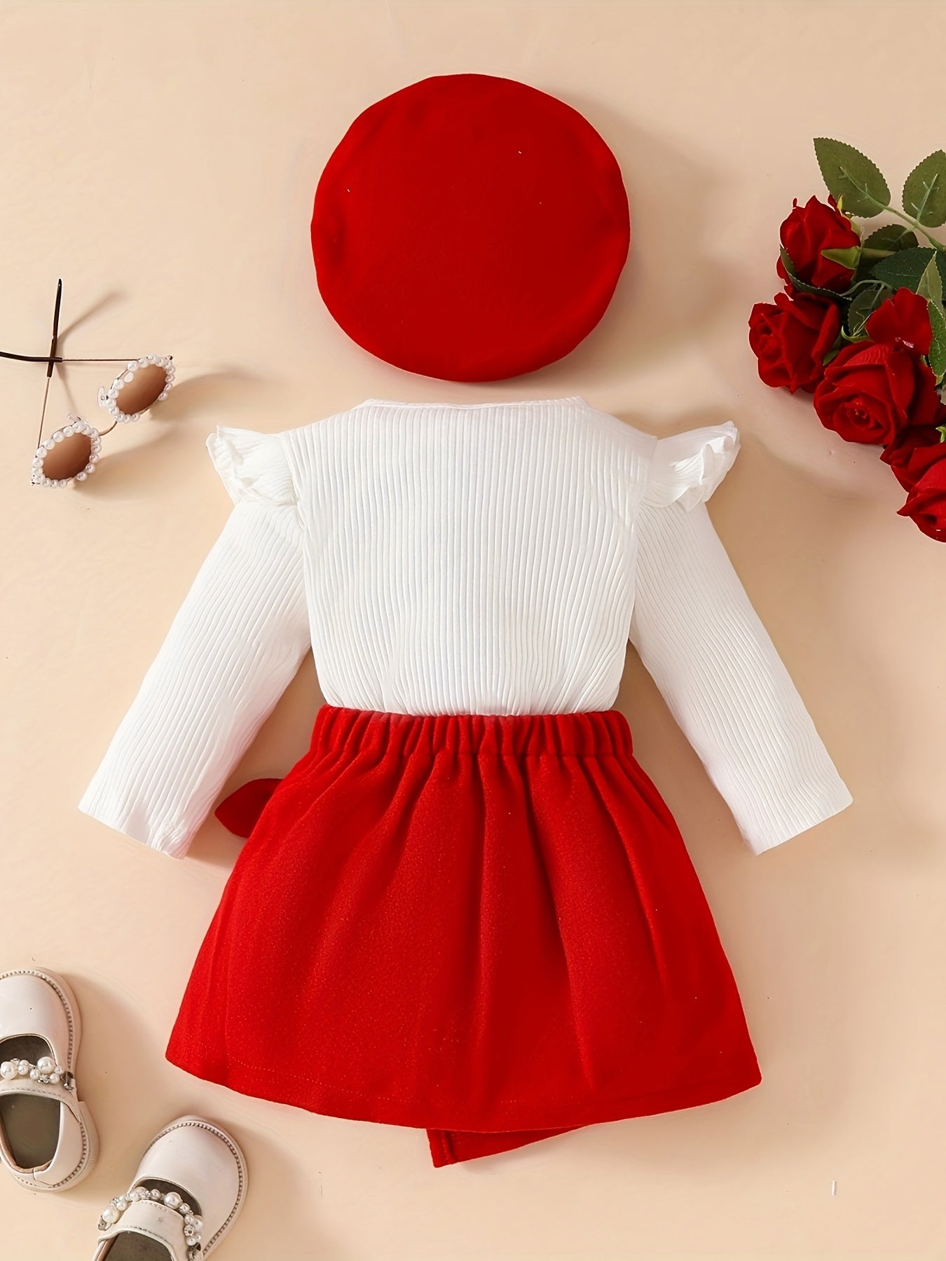 Girls Knit T-Shirt Set with Flared Skirt and Beret for Fall Winter