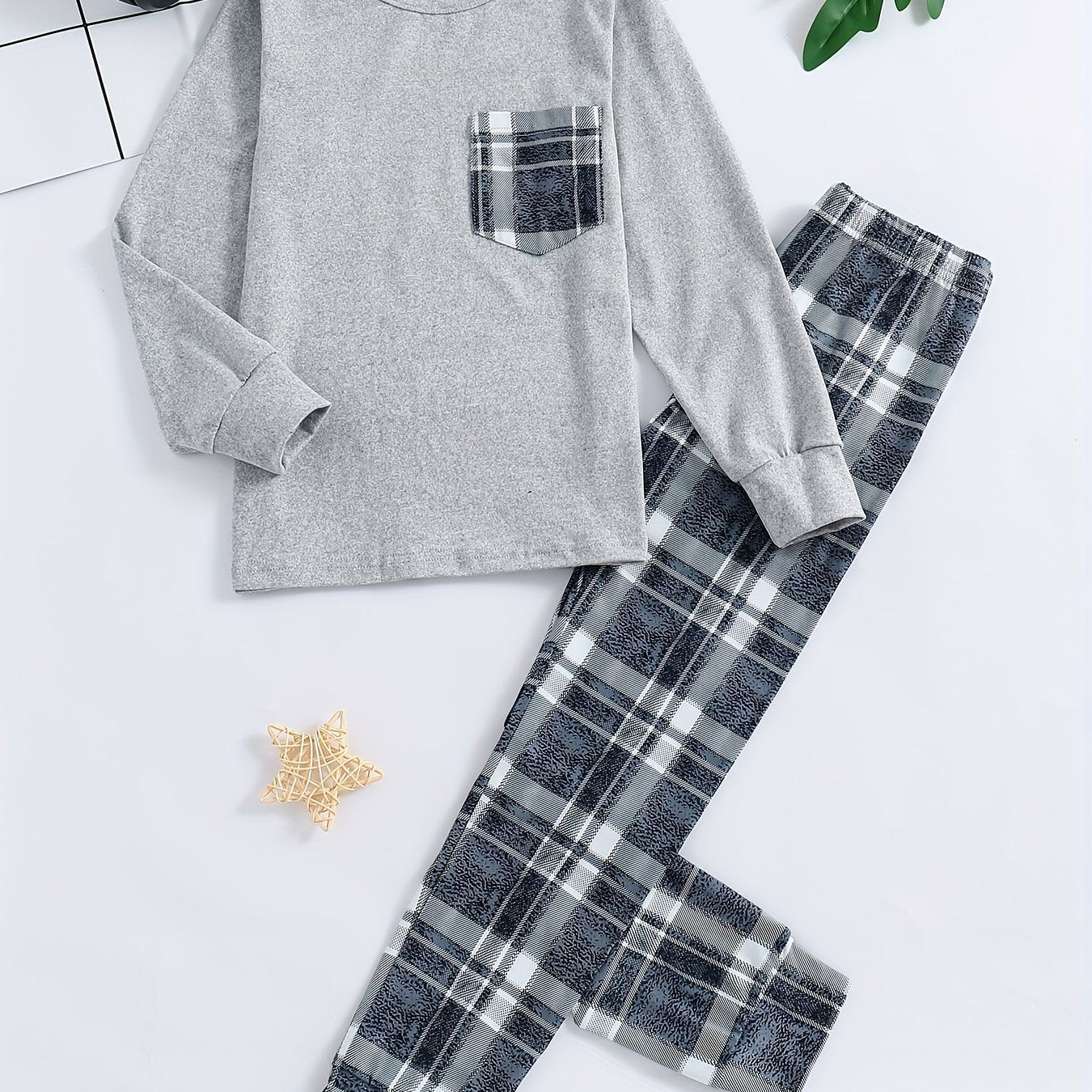 Boys' Cozy Plaid Pajama Set Long Sleeve Top and Pants for Spring Fall Kids 12 and Under