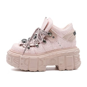 Женские розовые цветочные ботинки на платформе с embossed-эффектом, готические ботинки на шнуровке