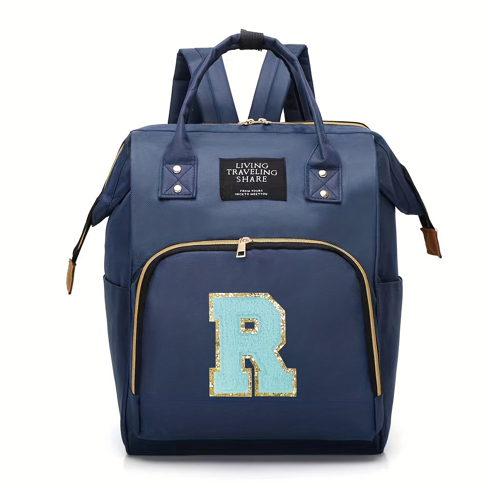 Blue Polyester Diaper Bag with Multiple Compartments and Bottle Holder