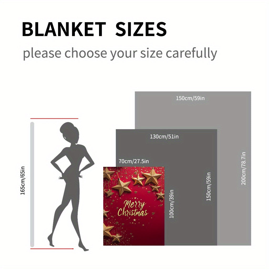 Lightweight Plush Blanket with Star and Merry Christmas Print for Home, Travel, and Camping