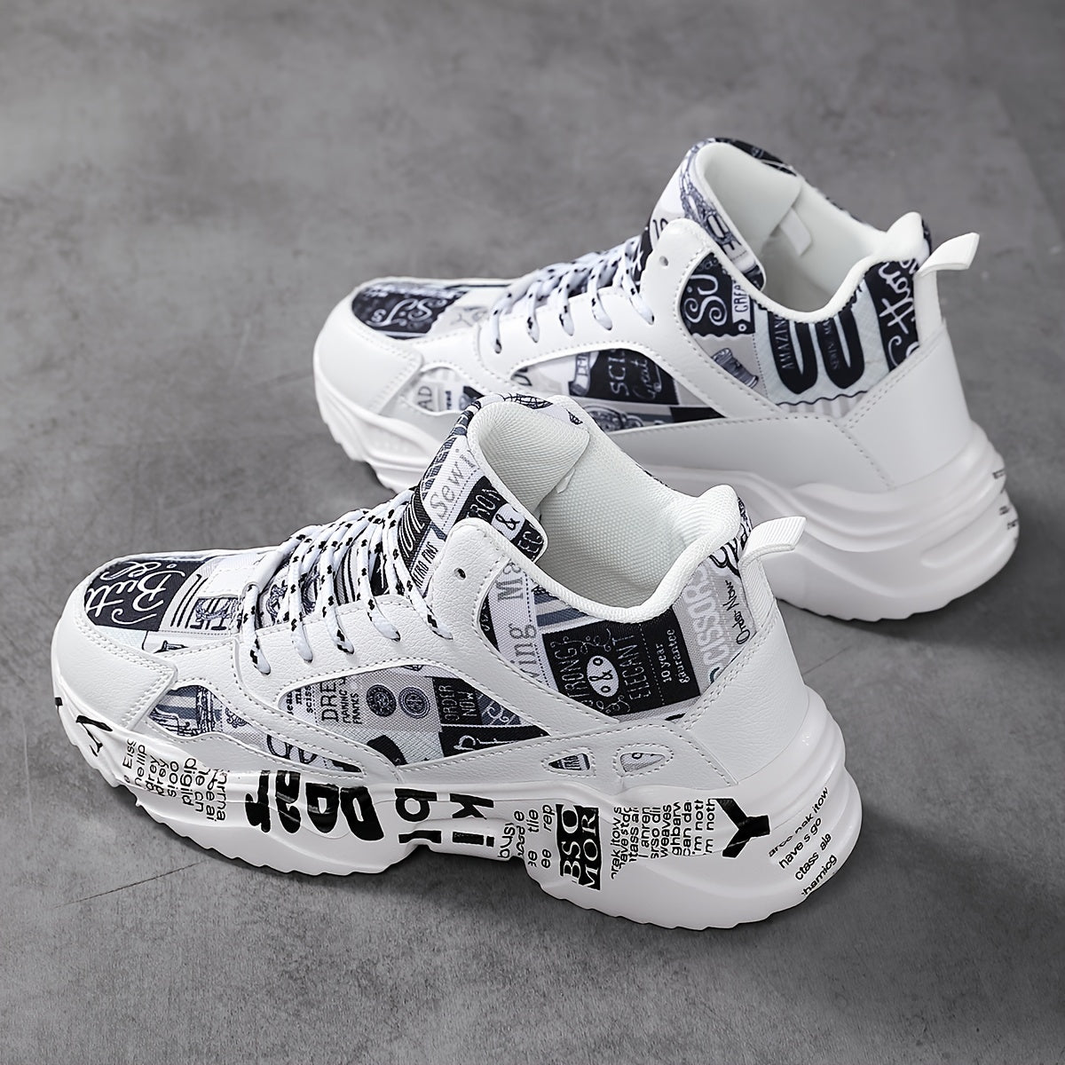 Zapatillas gruesas transpirables para hombres y mujeres con tela similar a mezclilla y impresión de letras llamativas para ropa urbana de temporada en todas las estaciones