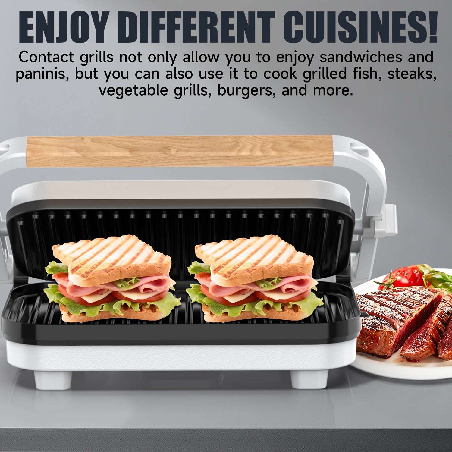 Антипригарный контактный гриль и пресс для панини с запирающейся крышкой, квадрат 25 см, регулируемая температура