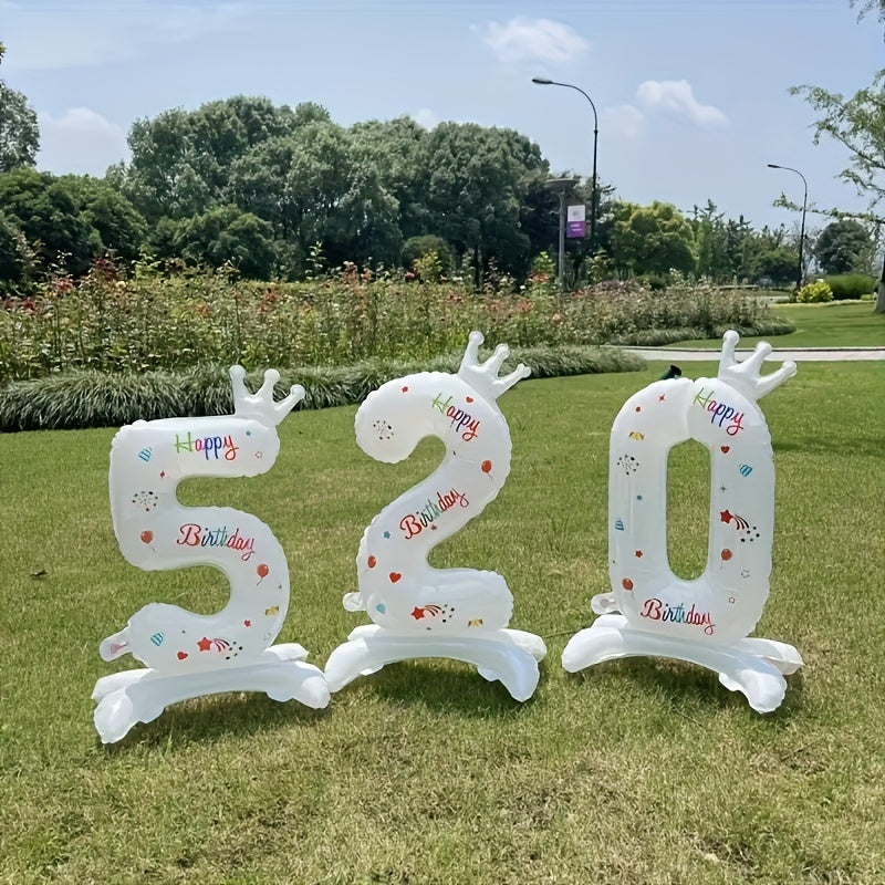 White 32-Inch Crown Number Balloon with Colorful Designs for Birthday Party