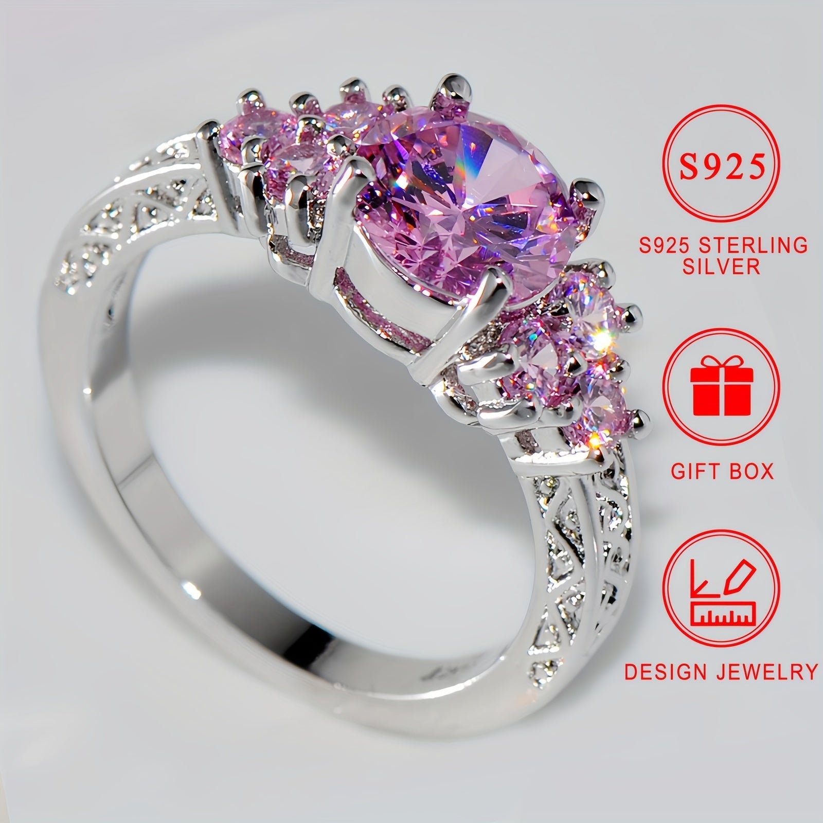 Sterling Silver Promise Ring with Pink Cubic Zirconia for Engagement or Wedding