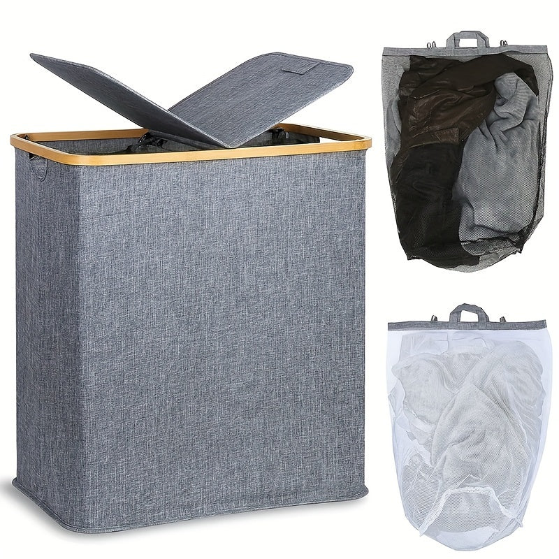 Large Double Layer Laundry Basket with Lid and Removable Washable Pockets for Bedroom Bathroom Dorm