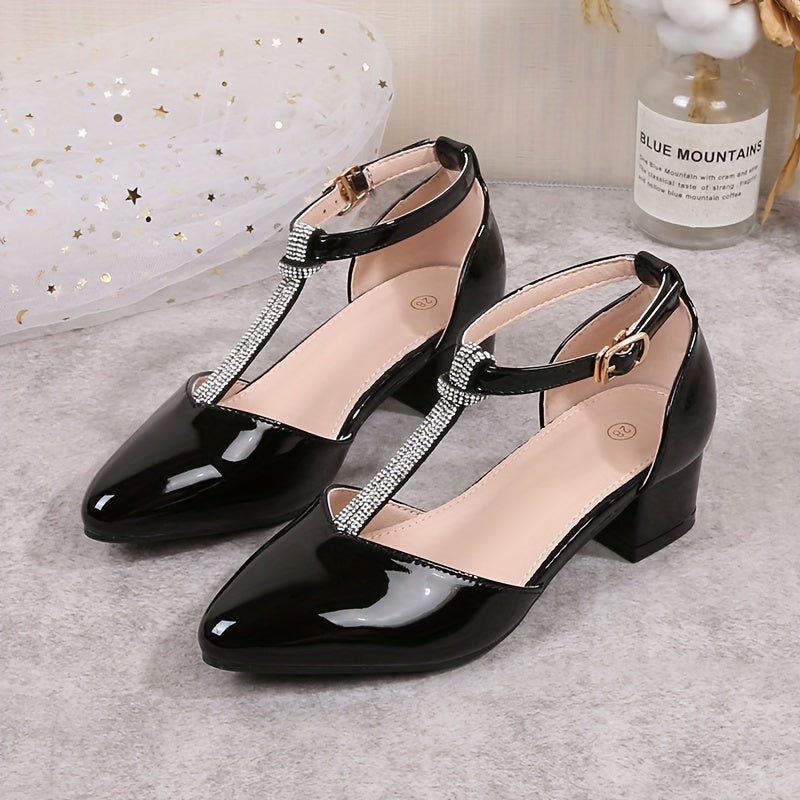 Girls Spring 2024 Princess Shoes with Rhinestones Low Top Pointed Toe High Heels