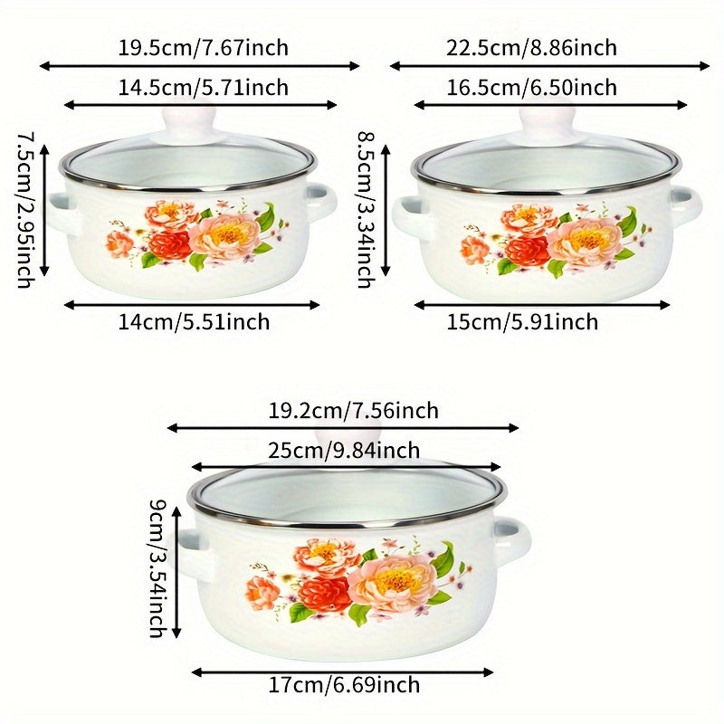 Juego de 3 mini ollas esmaltadas con tapas de vidrio, colección de utensilios de cocina esmaltados