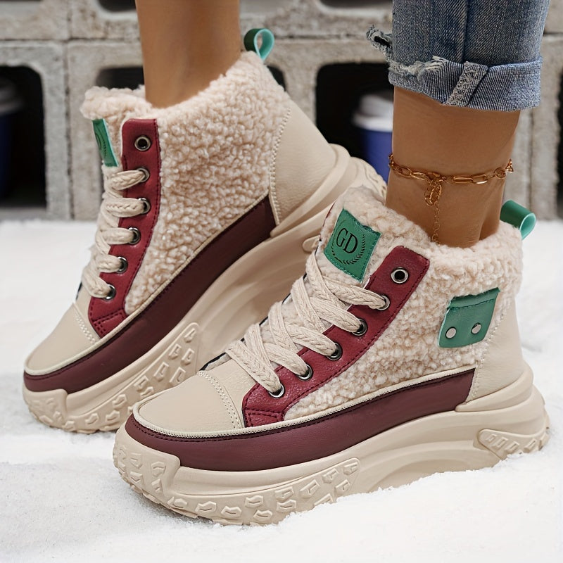 Women's Winter Ankle Boots Thick-Soled Lace-Up Round Toe Casual Shoes White Pink