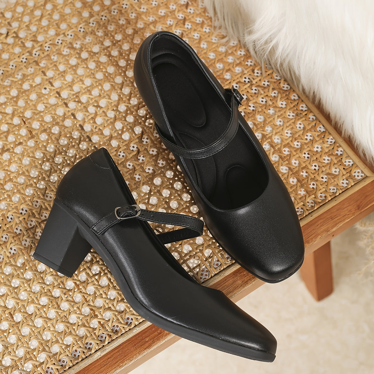 Women's Retro Mary Jane Pumps Black PU Mid-Chunky Heel Dress Shoes