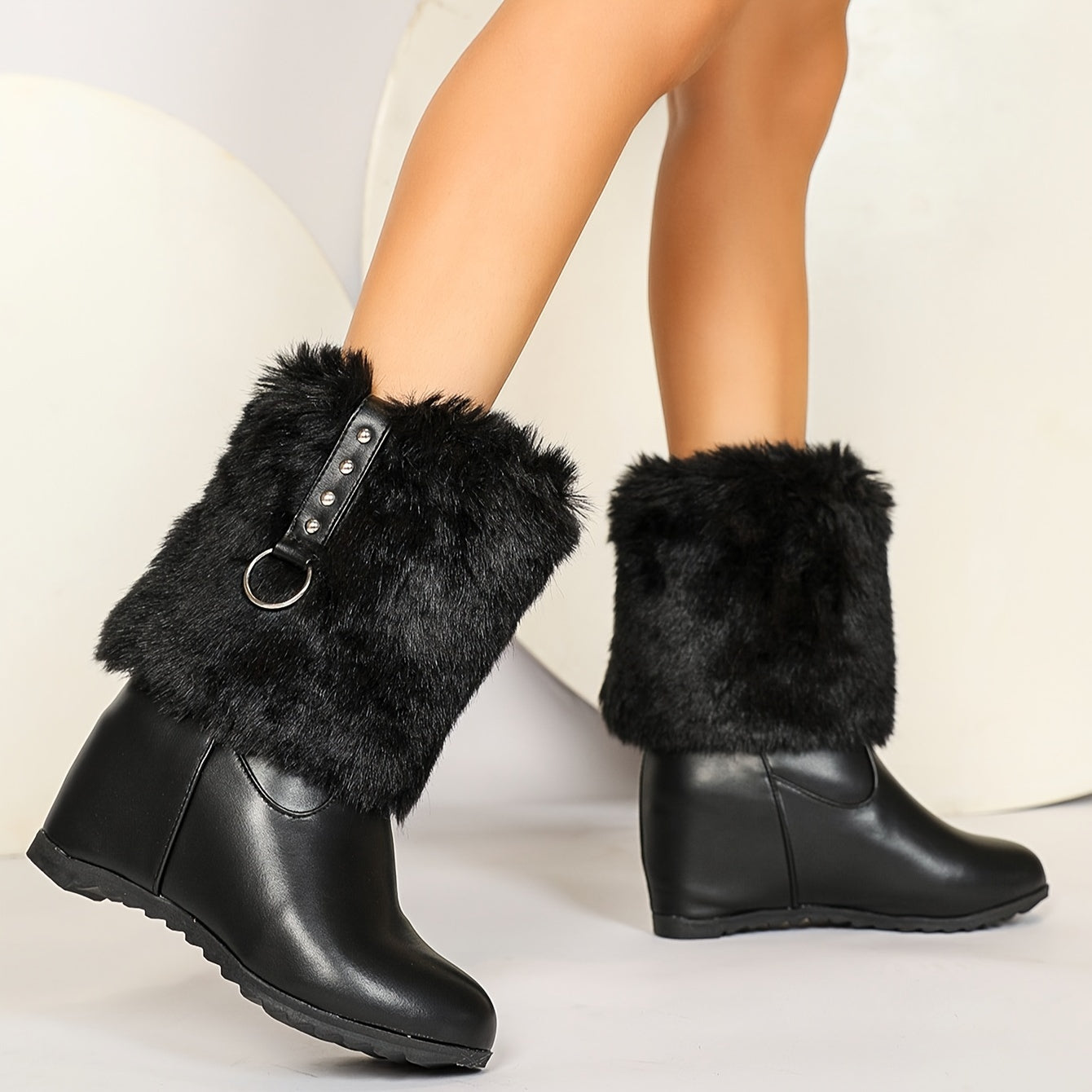 Plus Size Women's Black And White Chunky Lace-Up Ankle Boots With Pointed Toe