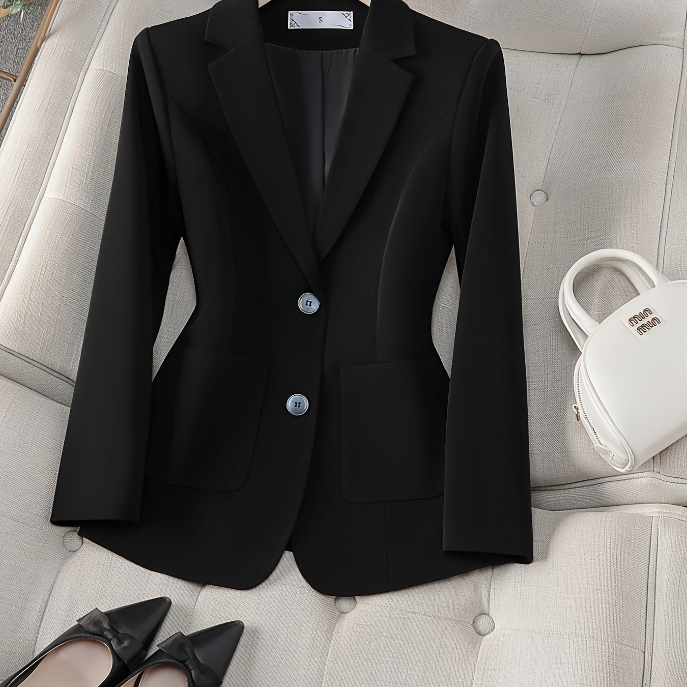 Blazer de mujer con doble bolsillo, poliéster spandex, color sólido, ropa de oficina, primavera y otoño