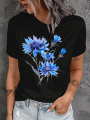 Women's Floral Print T-Shirt Summer Knit Crew Neck Short Sleeve Top