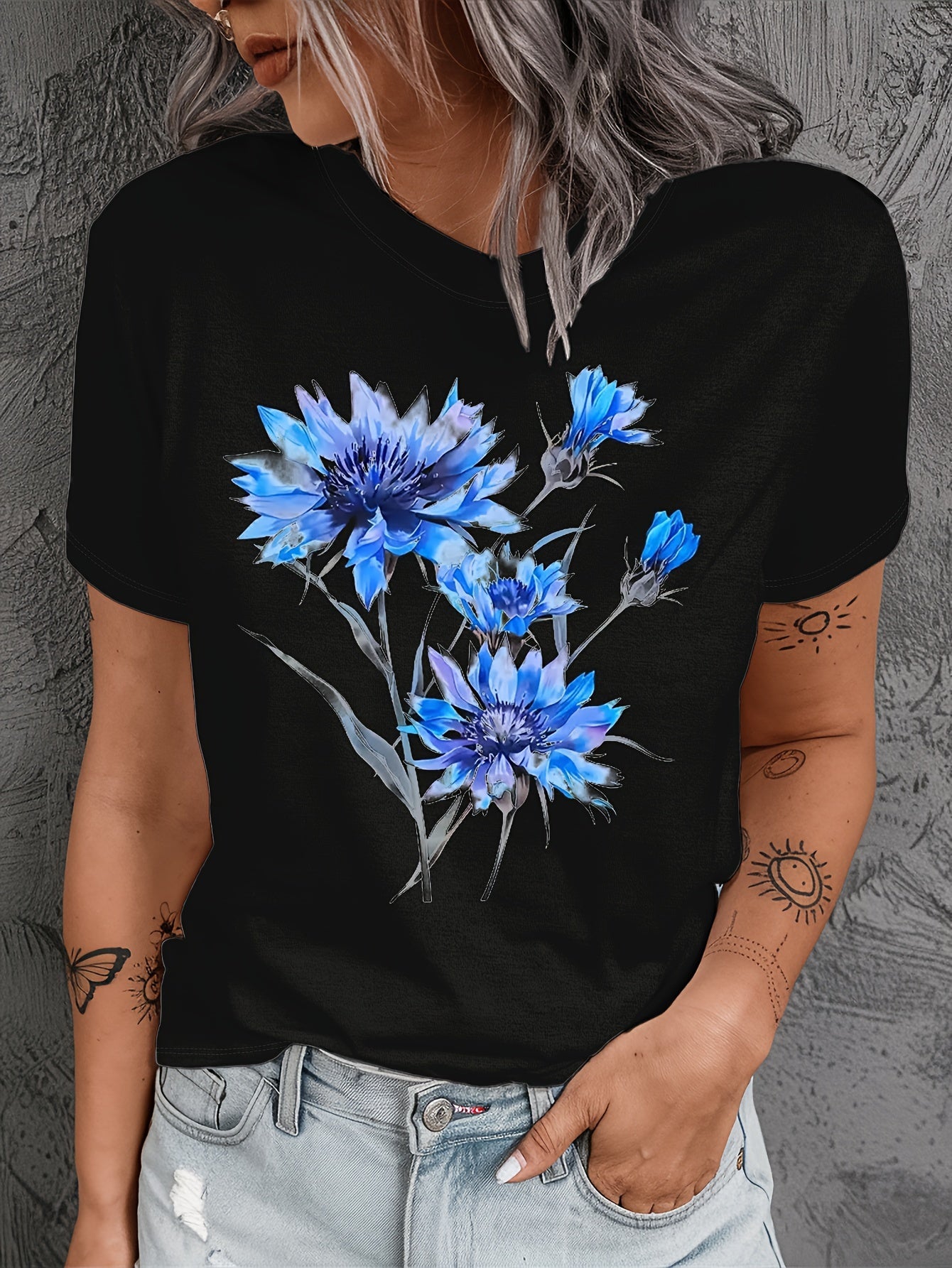 Women's Floral Print T-Shirt Summer Knit Crew Neck Short Sleeve Top