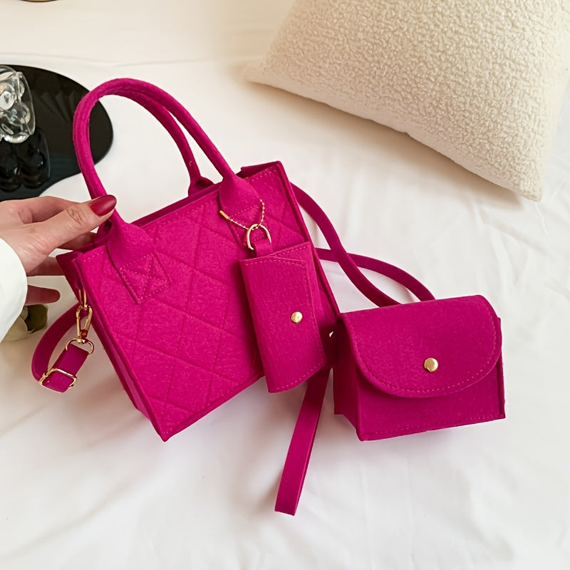 Set of 3 Felt Handbags for Women with Adjustable Straps Zipper Closure Wallet Storage