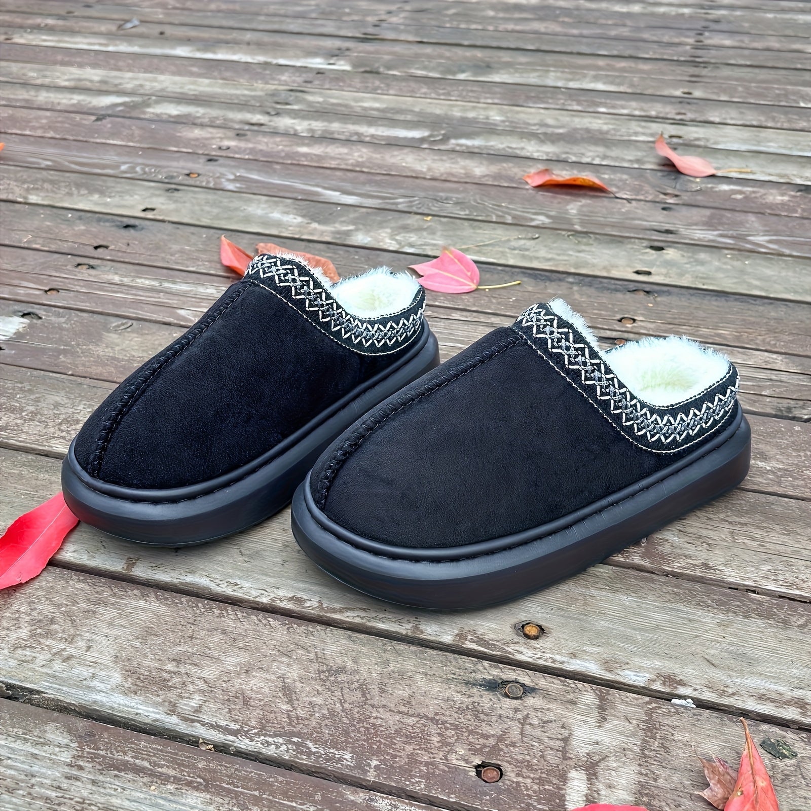 Indoor Cozy Slippers for Couples Plush Faux Fur Rubber Sole Black Gray Beige Brown