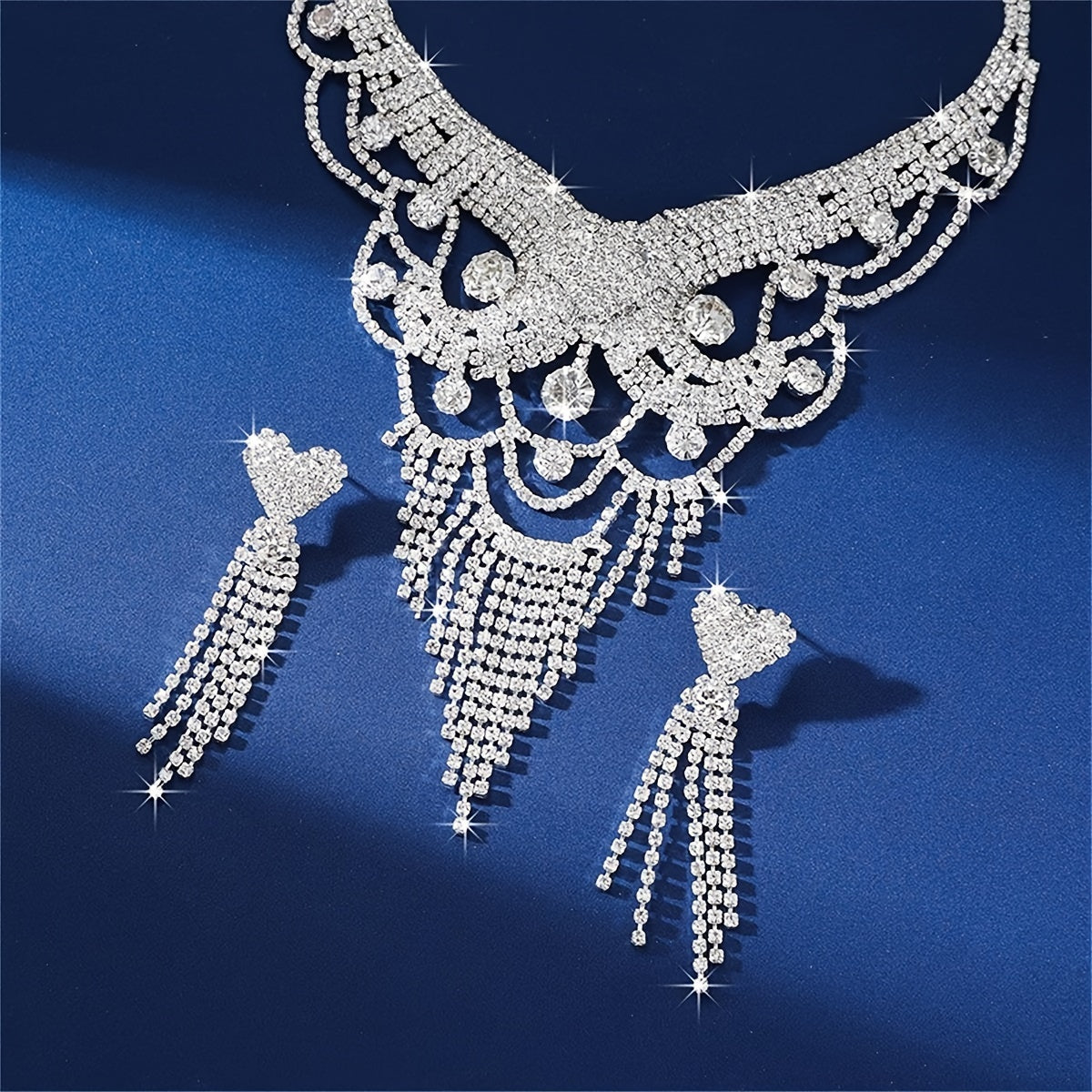 Luxury Silver Tassel Jewelry Set with Rhinestone Earrings for Women